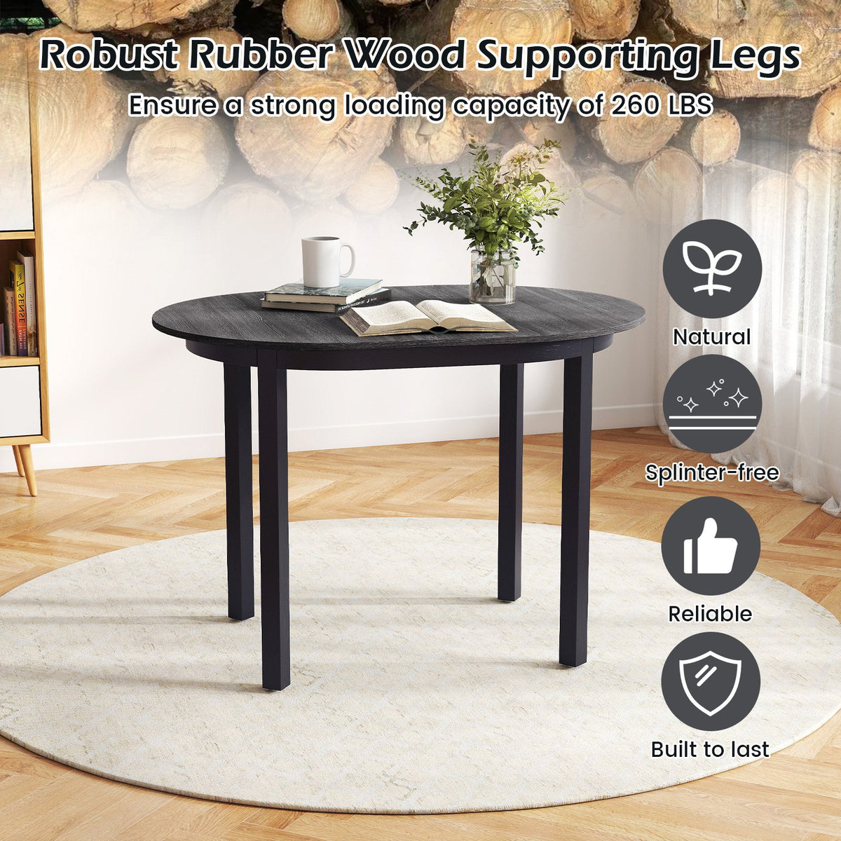 43 Inch Wooden Dining Table with Rubber Wood Legs for 2-4 People-Black view 7