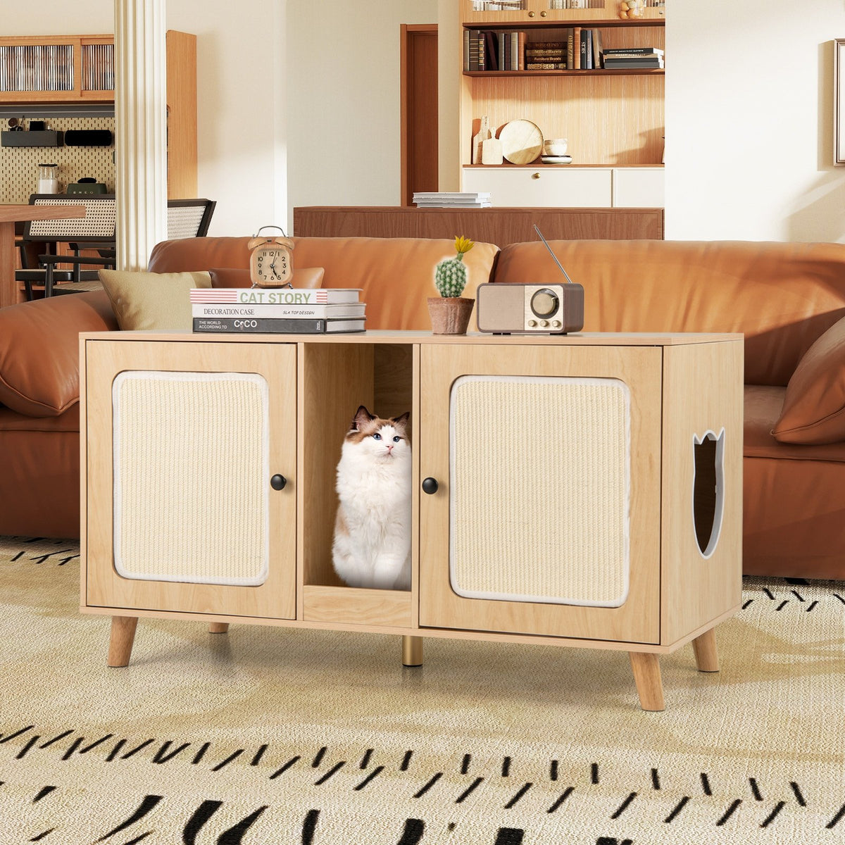 43 Inches Cat Litter Box Enclosure with Double Rooms and 2 Sisal Scratching Mats-Natural view 2