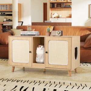 43 Inches Cat Litter Box Enclosure with Double Rooms and 2 Sisal Scratching Mats-Natural view 2