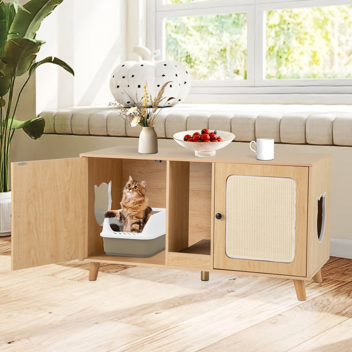 43 Inches Cat Litter Box Enclosure with Double Rooms and 2 Sisal Scratching Mats-Natural view 3