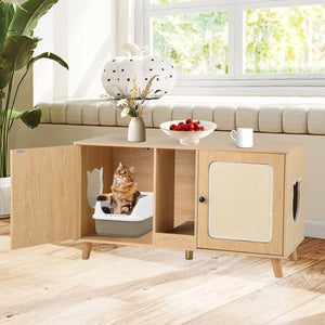 43 Inches Cat Litter Box Enclosure with Double Rooms and 2 Sisal Scratching Mats-Natural view 3