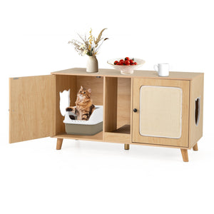 43 Inches Cat Litter Box Enclosure with Double Rooms and 2 Sisal Scratching Mats-Natural view 4