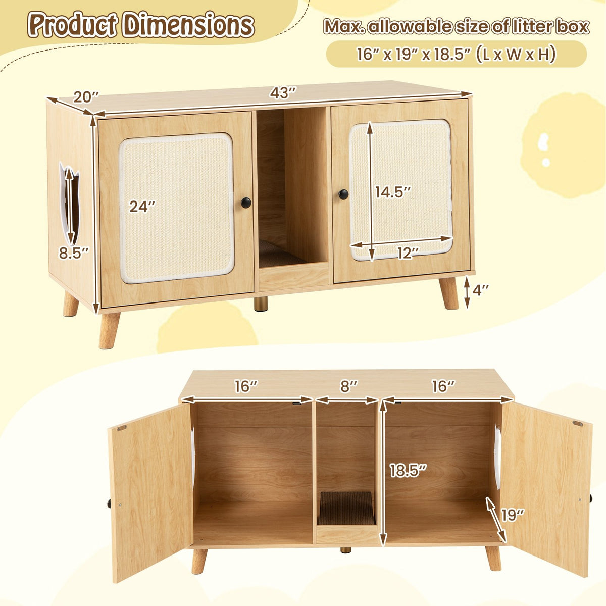 43 Inches Cat Litter Box Enclosure with Double Rooms and 2 Sisal Scratching Mats-Natural view 5