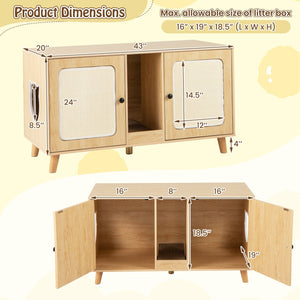 43 Inches Cat Litter Box Enclosure with Double Rooms and 2 Sisal Scratching Mats-Natural view 5
