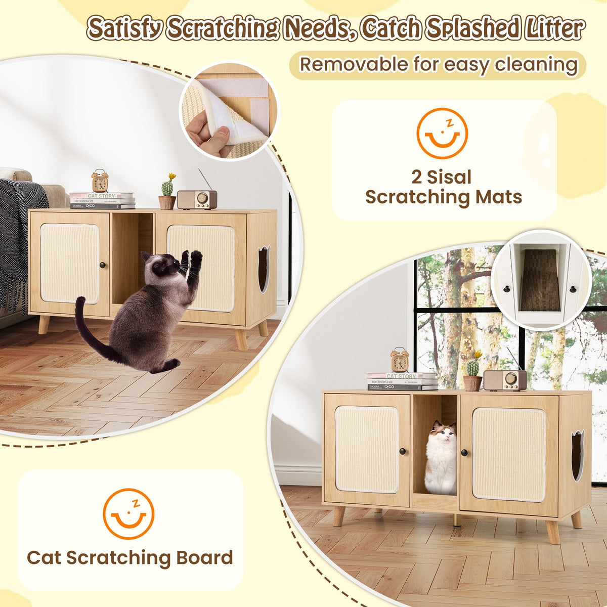 43 Inches Cat Litter Box Enclosure with Double Rooms and 2 Sisal Scratching Mats-Natural view 8