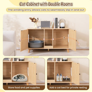 43 Inches Cat Litter Box Enclosure with Double Rooms and 2 Sisal Scratching Mats-Natural view 9