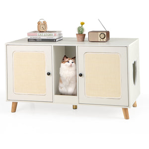 43 Inches Cat Litter Box Enclosure with Double Rooms and 2 Sisal Scratching Mats-White