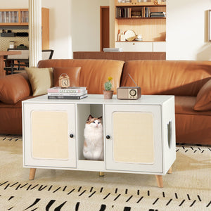 43 Inches Cat Litter Box Enclosure with Double Rooms and 2 Sisal Scratching Mats-White view 2