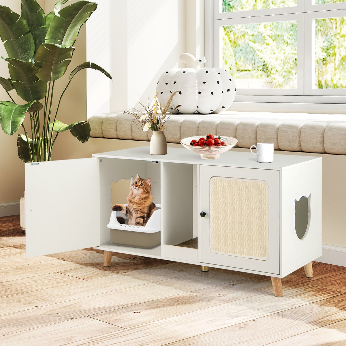 43 Inches Cat Litter Box Enclosure with Double Rooms and 2 Sisal Scratching Mats-White view 3