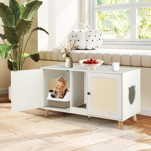 43 Inches Cat Litter Box Enclosure with Double Rooms and 2 Sisal Scratching Mats-White view 3