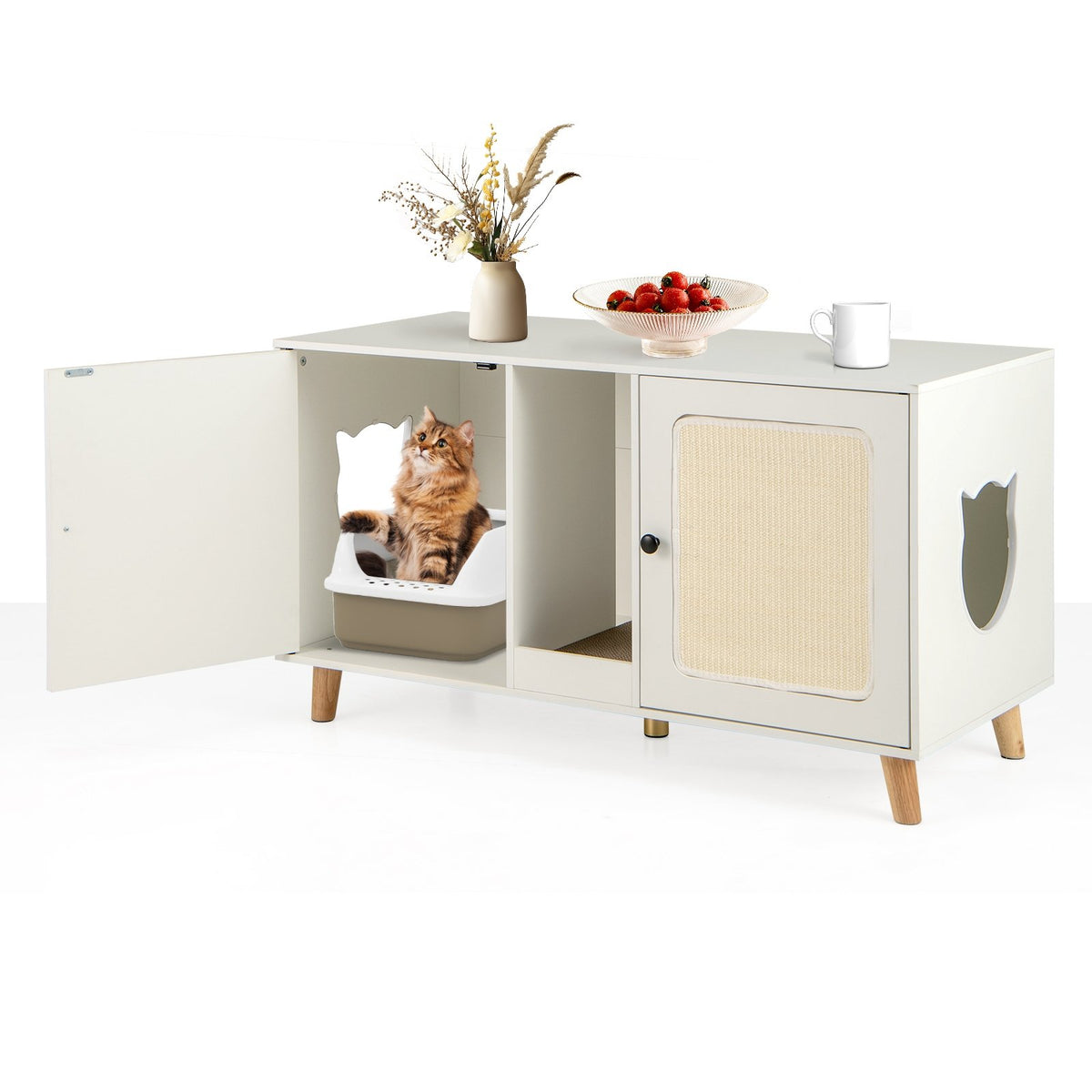 43 Inches Cat Litter Box Enclosure with Double Rooms and 2 Sisal Scratching Mats-White view 4