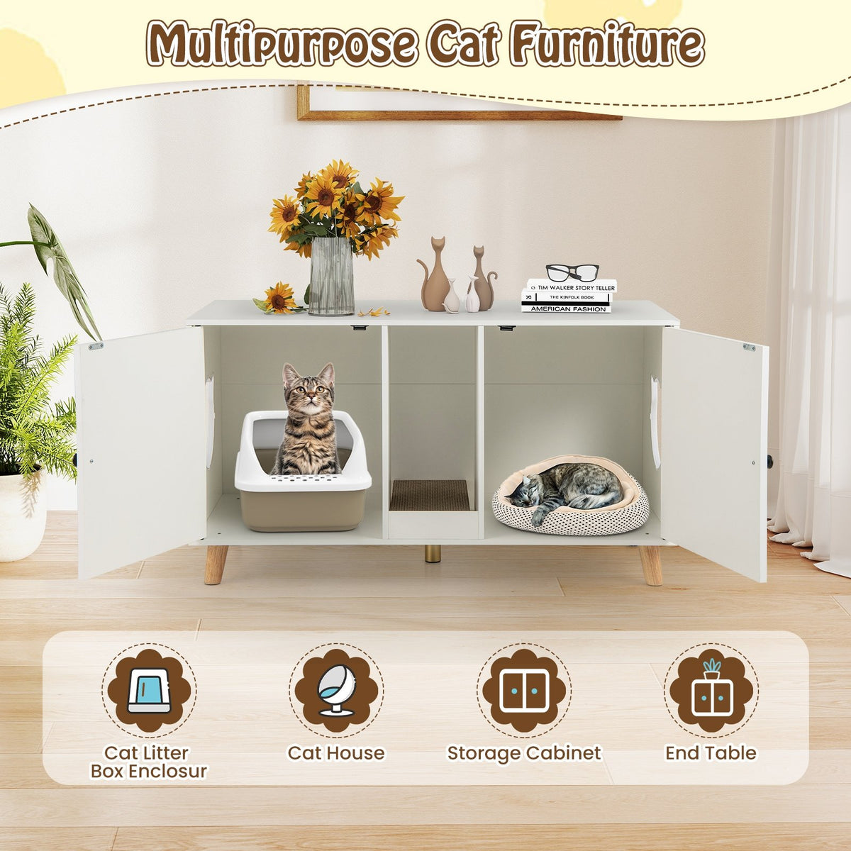 43 Inches Cat Litter Box Enclosure with Double Rooms and 2 Sisal Scratching Mats-White view 6