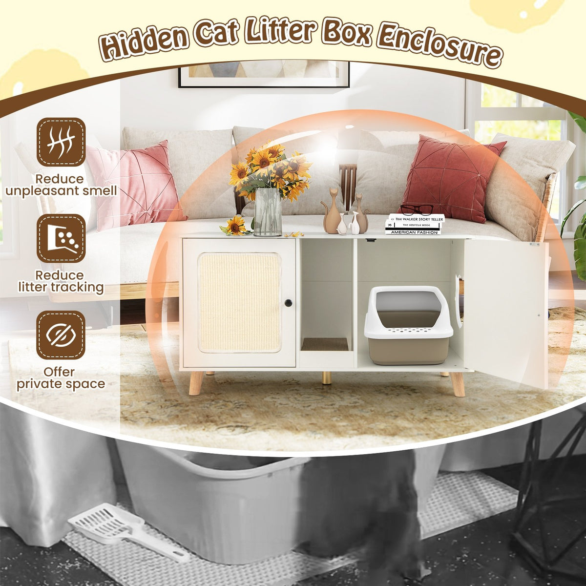 43 Inches Cat Litter Box Enclosure with Double Rooms and 2 Sisal Scratching Mats-White view 7