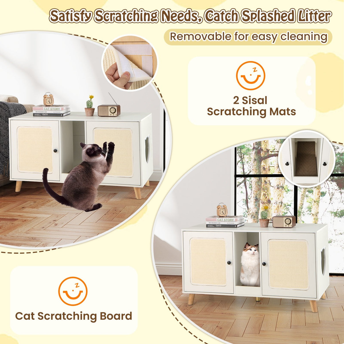 43 Inches Cat Litter Box Enclosure with Double Rooms and 2 Sisal Scratching Mats-White view 8
