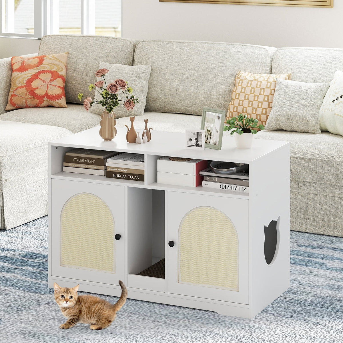 43 Inches Cat Litter Box Enclosure with Storage and Double Rooms-White view 2