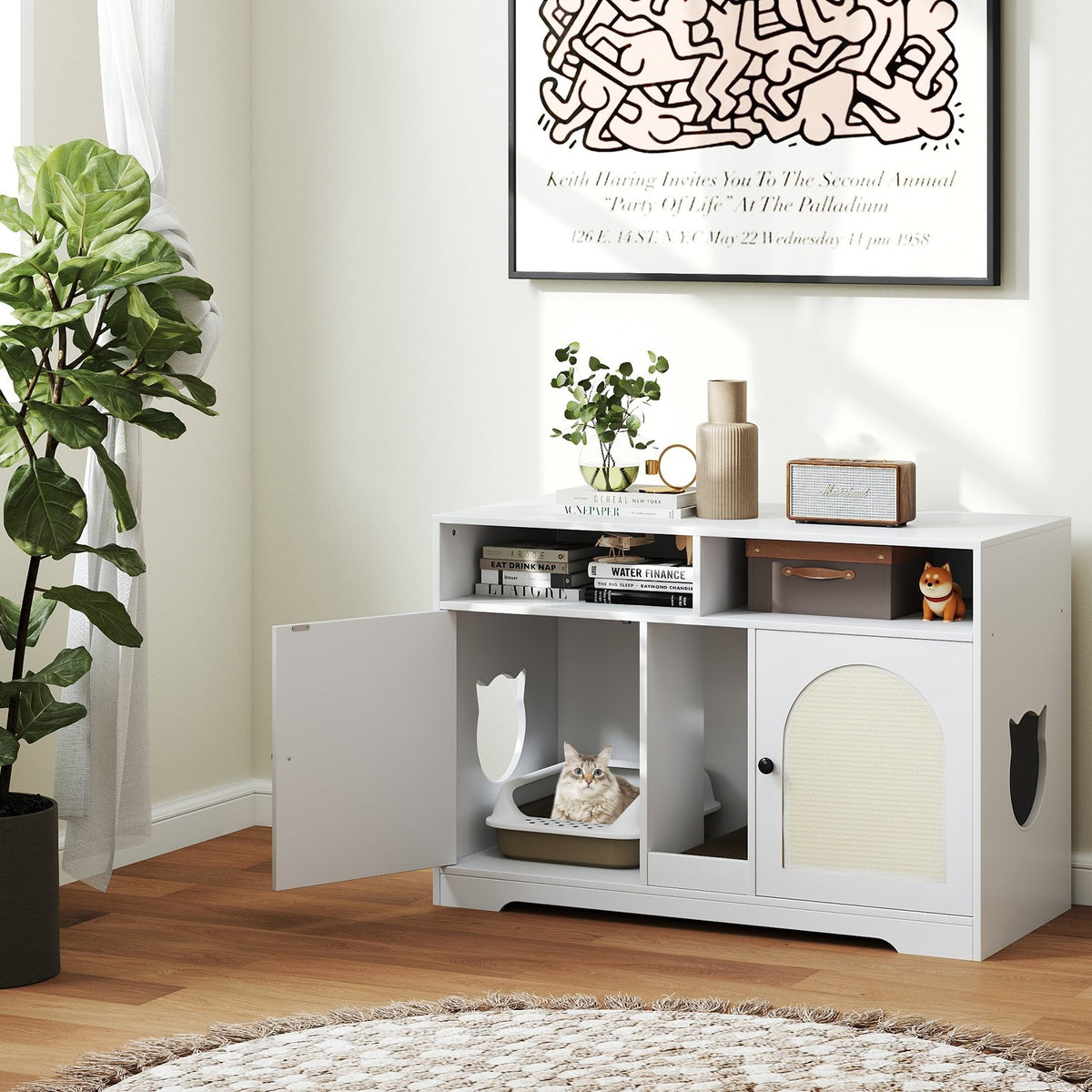 43 Inches Cat Litter Box Enclosure with Storage and Double Rooms-White view 3