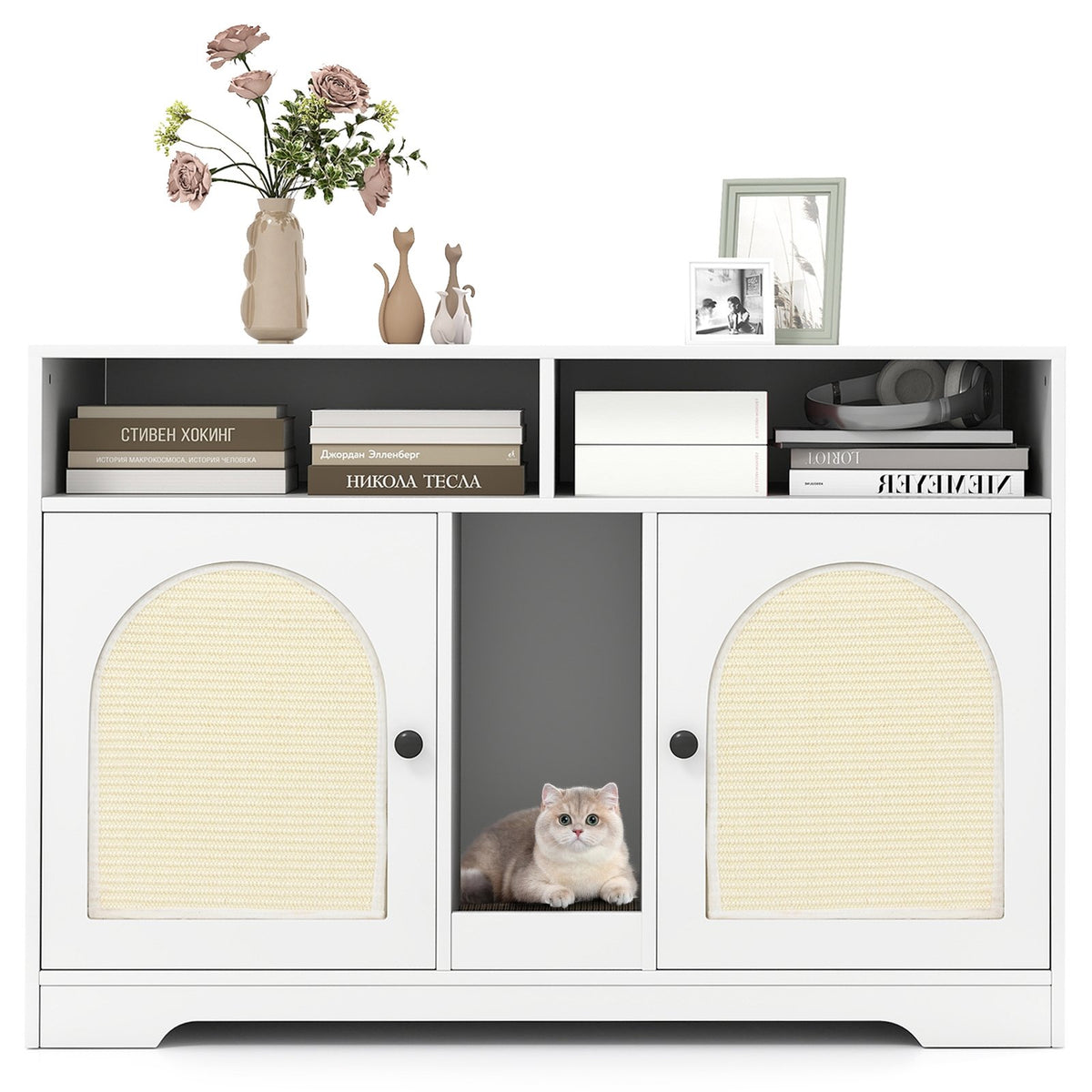 43 Inches Cat Litter Box Enclosure with Storage and Double Rooms-White view 4