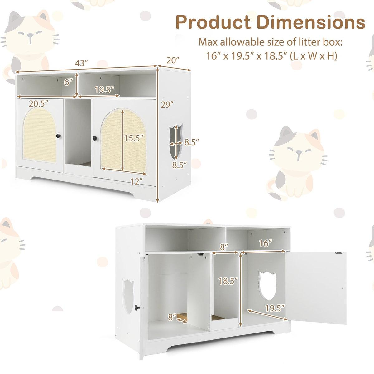 43 Inches Cat Litter Box Enclosure with Storage and Double Rooms-White view 5