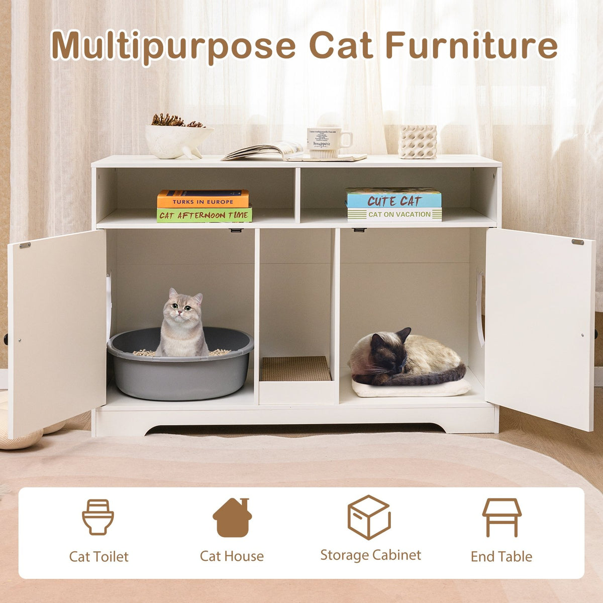 43 Inches Cat Litter Box Enclosure with Storage and Double Rooms-White view 6