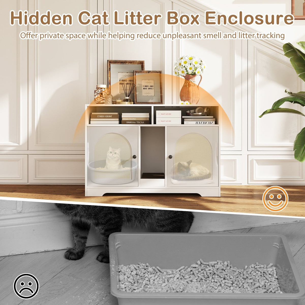 43 Inches Cat Litter Box Enclosure with Storage and Double Rooms-White view 7
