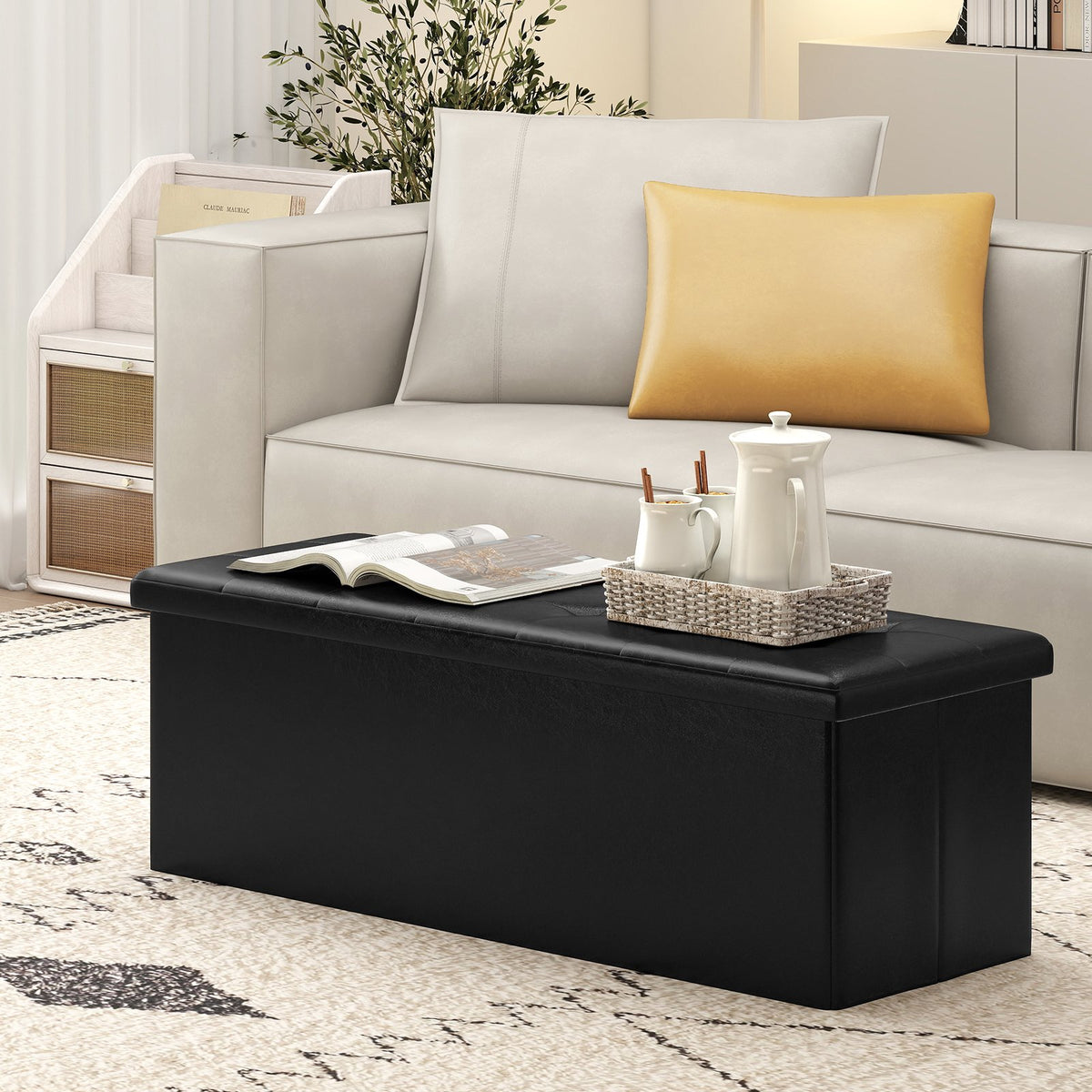 43 Inches Folding Storage Ottoman Bench Foot Rest Stool End of Bed Bench-Black view 2