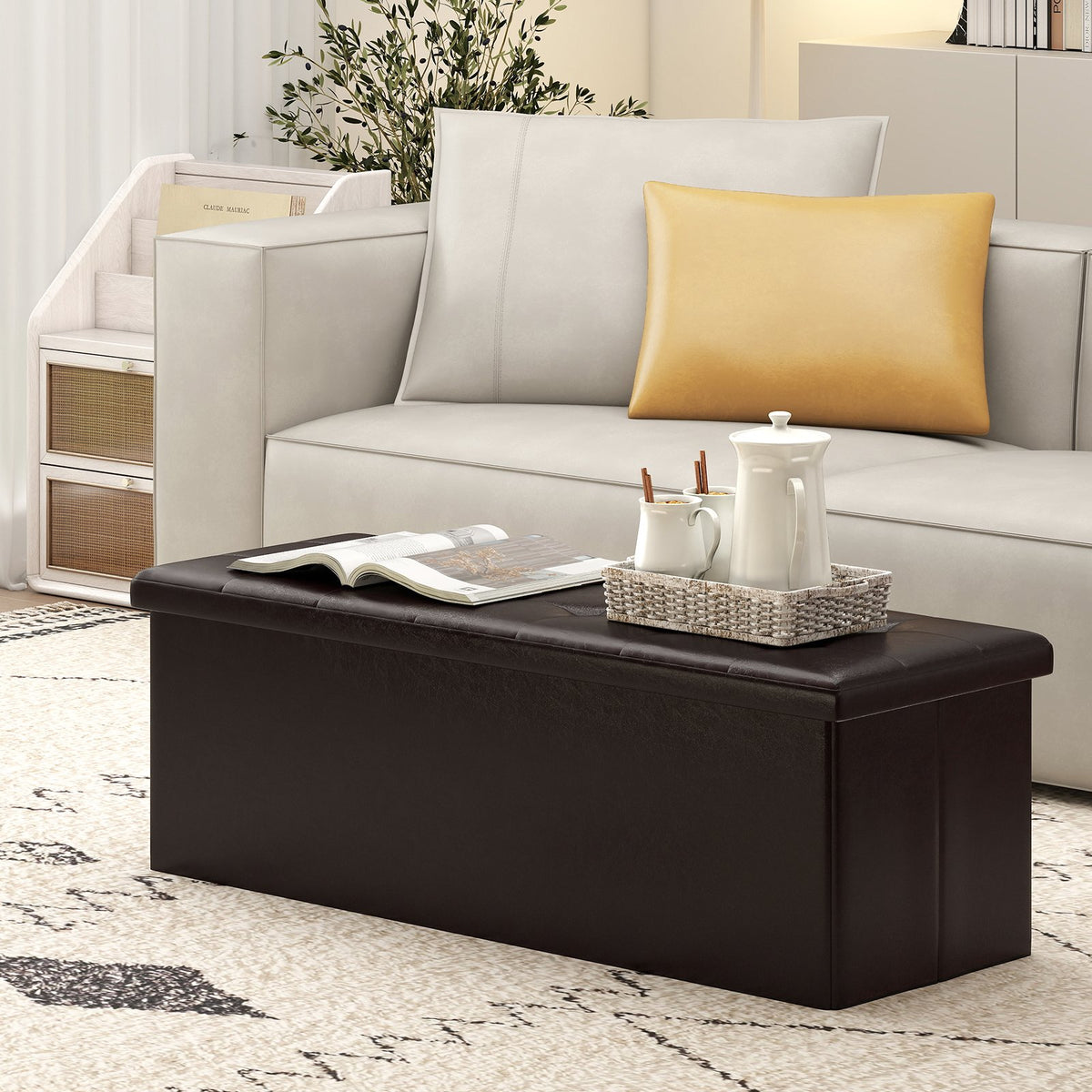 43 Inches Folding Storage Ottoman Bench Foot Rest Stool End of Bed Bench-Brown view 2