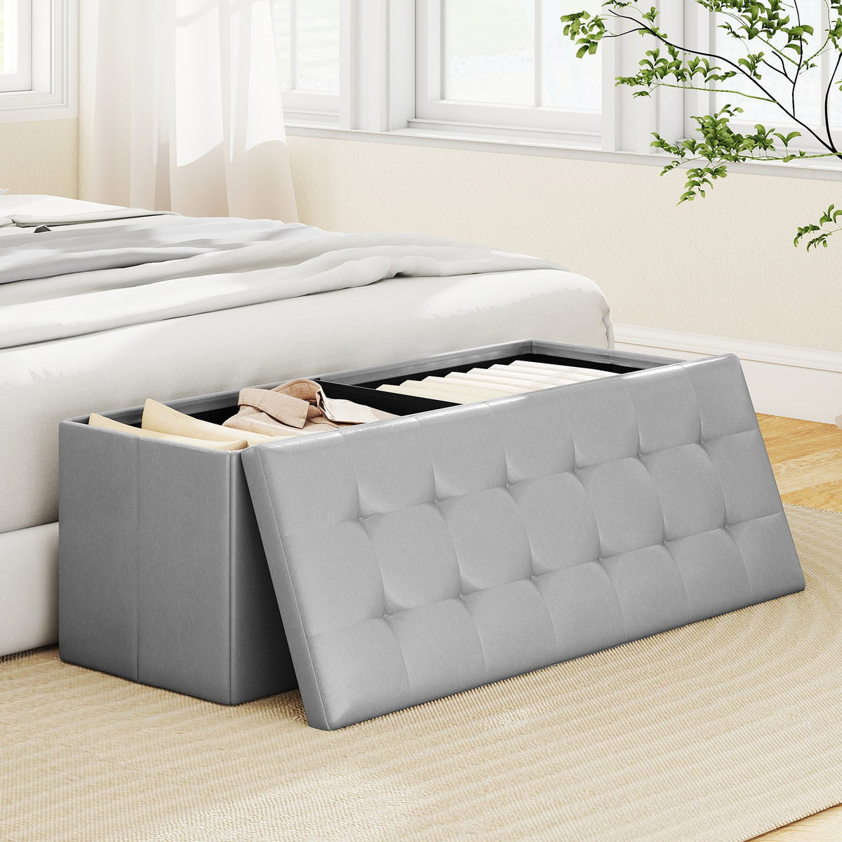 43 Inches Folding Storage Ottoman Bench Foot Rest Stool End of Bed Bench-Gray view 3
