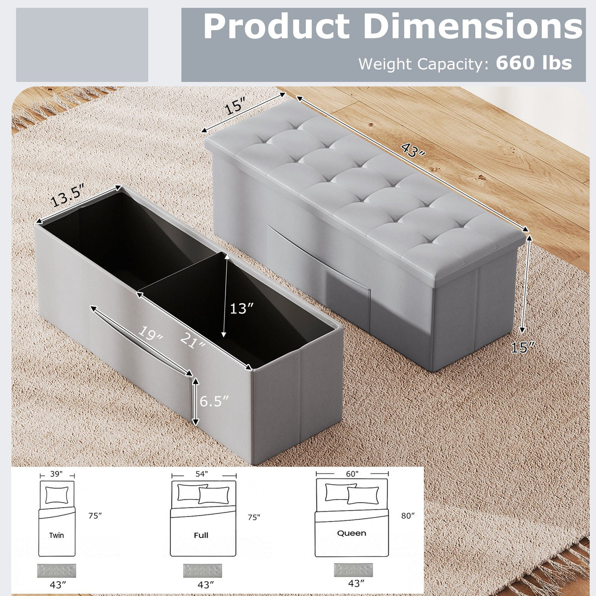 43 Inches Folding Storage Ottoman Bench Foot Rest Stool End of Bed Bench-Gray view 5