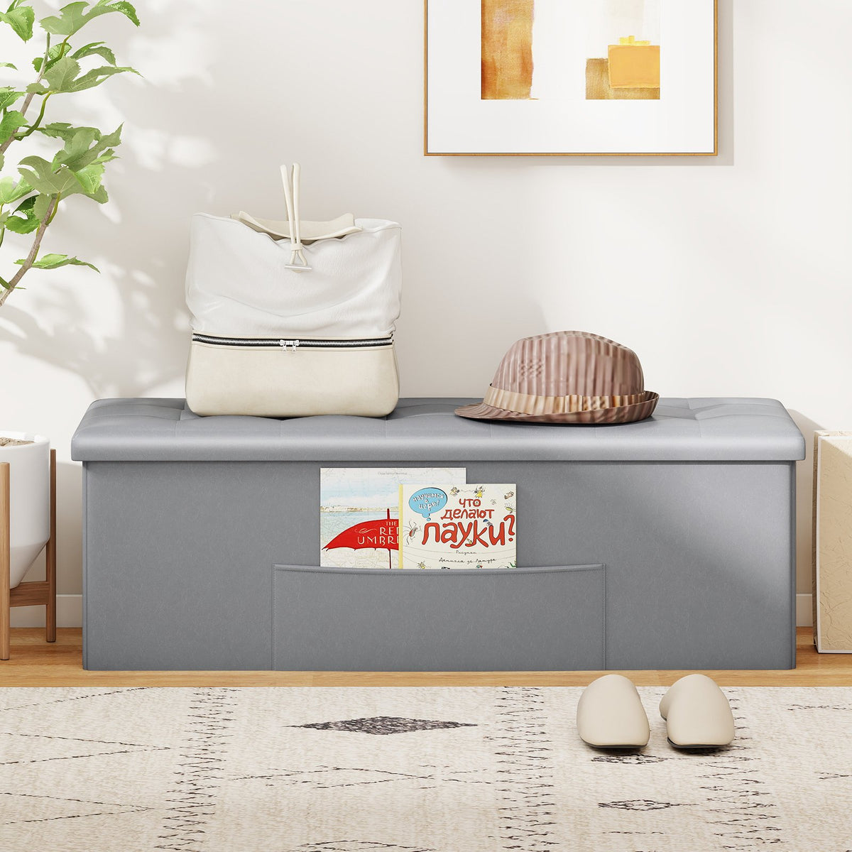 43 Inches Folding Storage Ottoman Bench Foot Rest Stool End of Bed Bench-Gray view 6