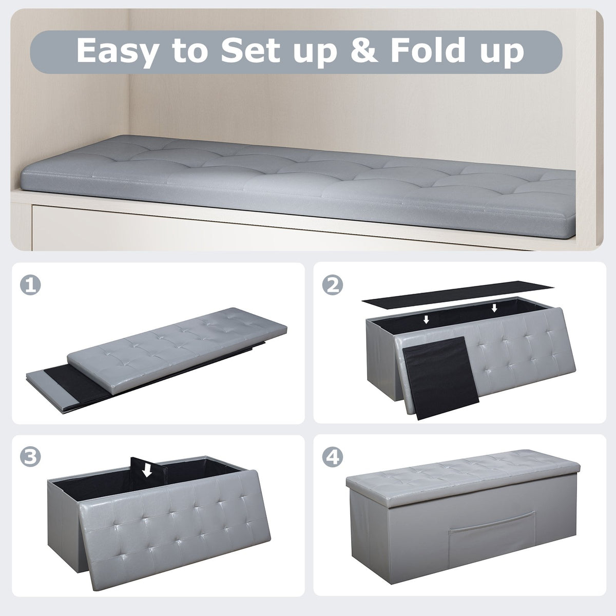 43 Inches Folding Storage Ottoman Bench Foot Rest Stool End of Bed Bench-Gray view 9