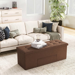 43 Inches Folding Storage Ottoman Bench Linen End of Bed Bench with Padded Seat-Brown view 2