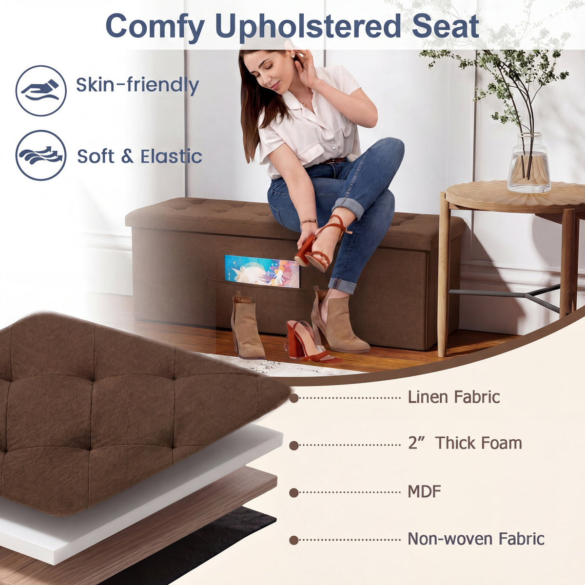 43 Inches Folding Storage Ottoman Bench Linen End of Bed Bench with Padded Seat-Brown view 6