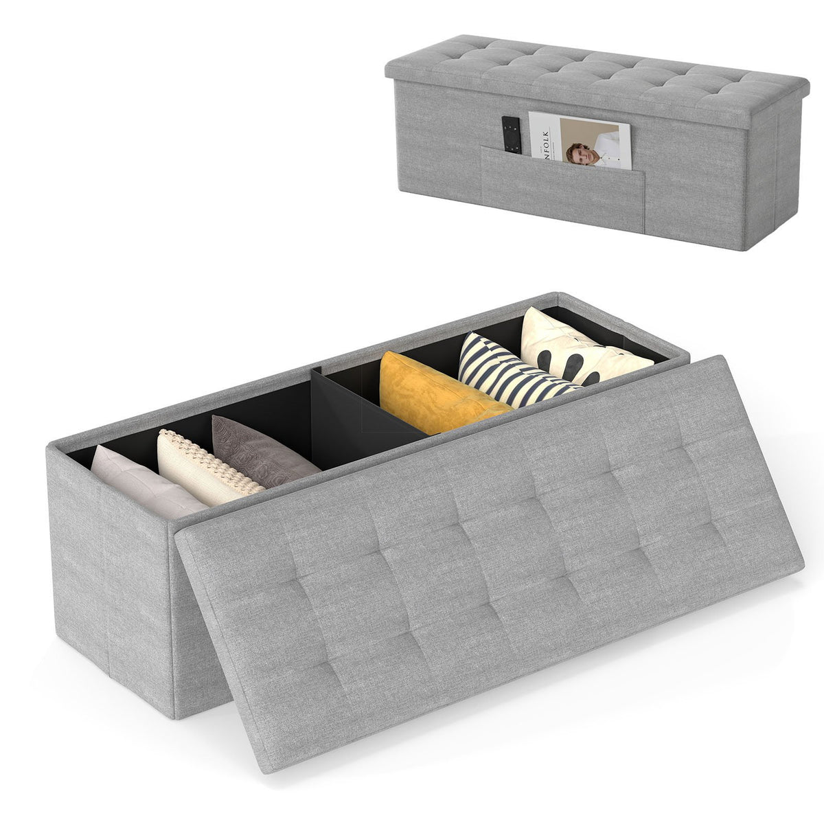 43 Inches Folding Storage Ottoman Bench Linen End of Bed Bench with Padded Seat-Light Gray