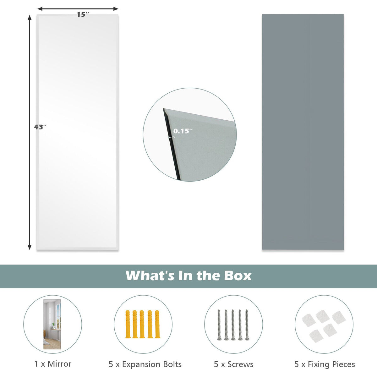 43 x 15 Inch Wall Mounted Frameless Full Length Mirror view 5