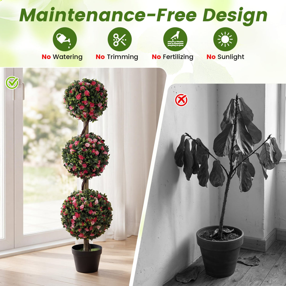 43.5 inches Artificial Triple Ball Rose Topiary Tree with Lifelike Blooms and Green Leaves view 6