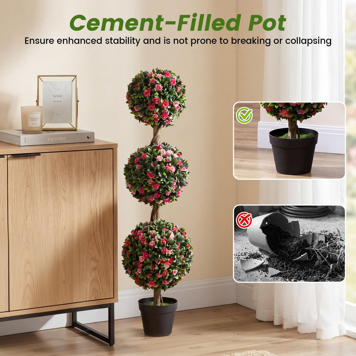 43.5 inches Artificial Triple Ball Rose Topiary Tree with Lifelike Blooms and Green Leaves view 7
