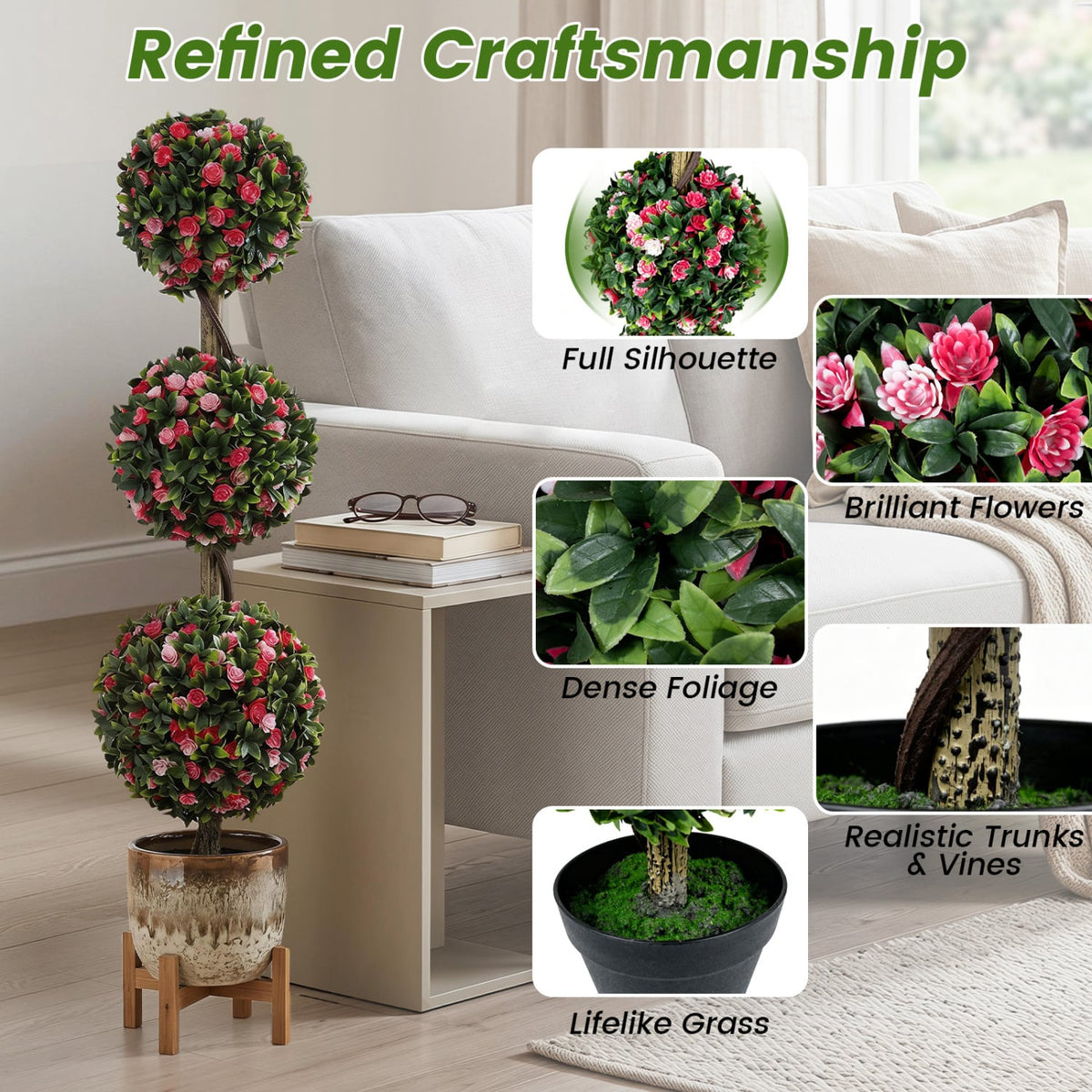 43.5 inches Artificial Triple Ball Rose Topiary Tree with Lifelike Blooms and Green Leaves view 9