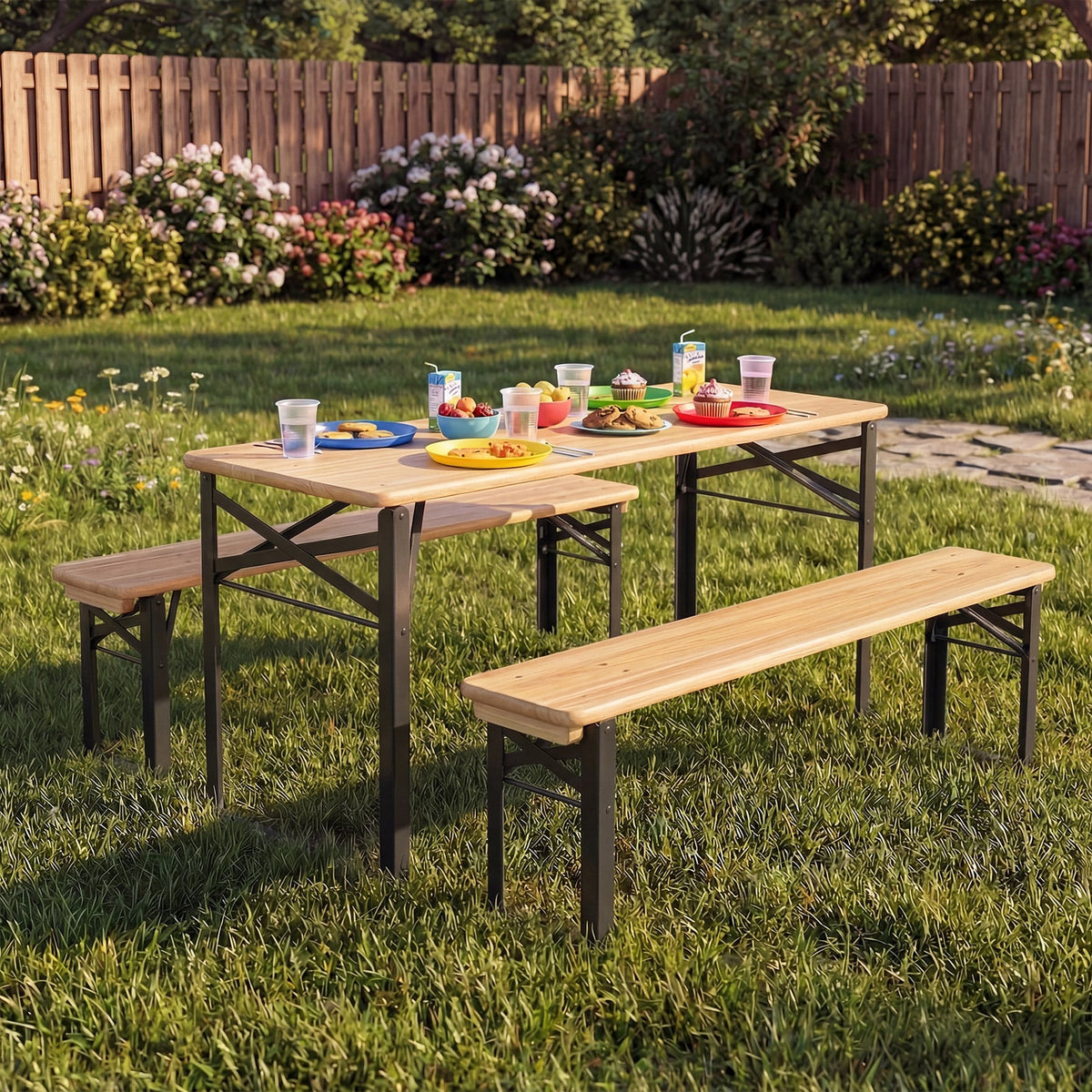 43.5 Inch Folding Kids Picnic Table & Bench Set No Assembly Wooden Toddler Table-Black view 2