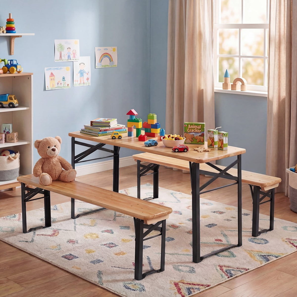 43.5 Inch Folding Kids Picnic Table & Bench Set No Assembly Wooden Toddler Table-Black view 3