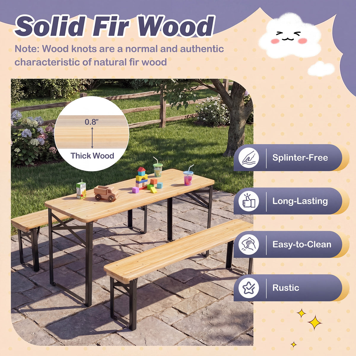 43.5 Inch Folding Kids Picnic Table & Bench Set No Assembly Wooden Toddler Table-Black view 6