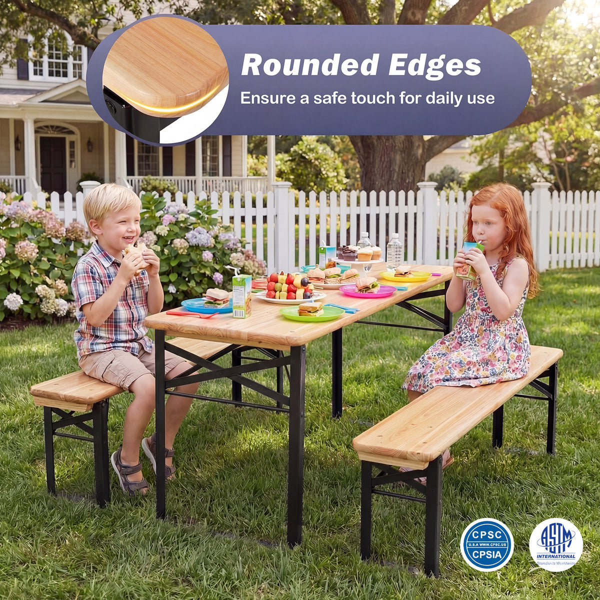 43.5 Inch Folding Kids Picnic Table & Bench Set No Assembly Wooden Toddler Table-Black view 9