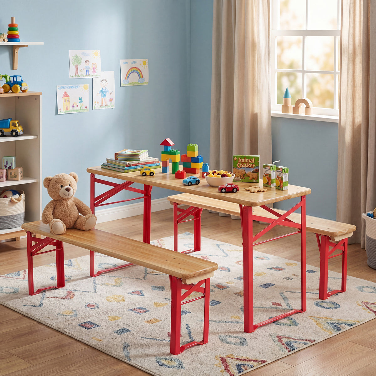 43.5 Inch Folding Kids Picnic Table & Bench Set No Assembly Wooden Toddler Table-Red view 3