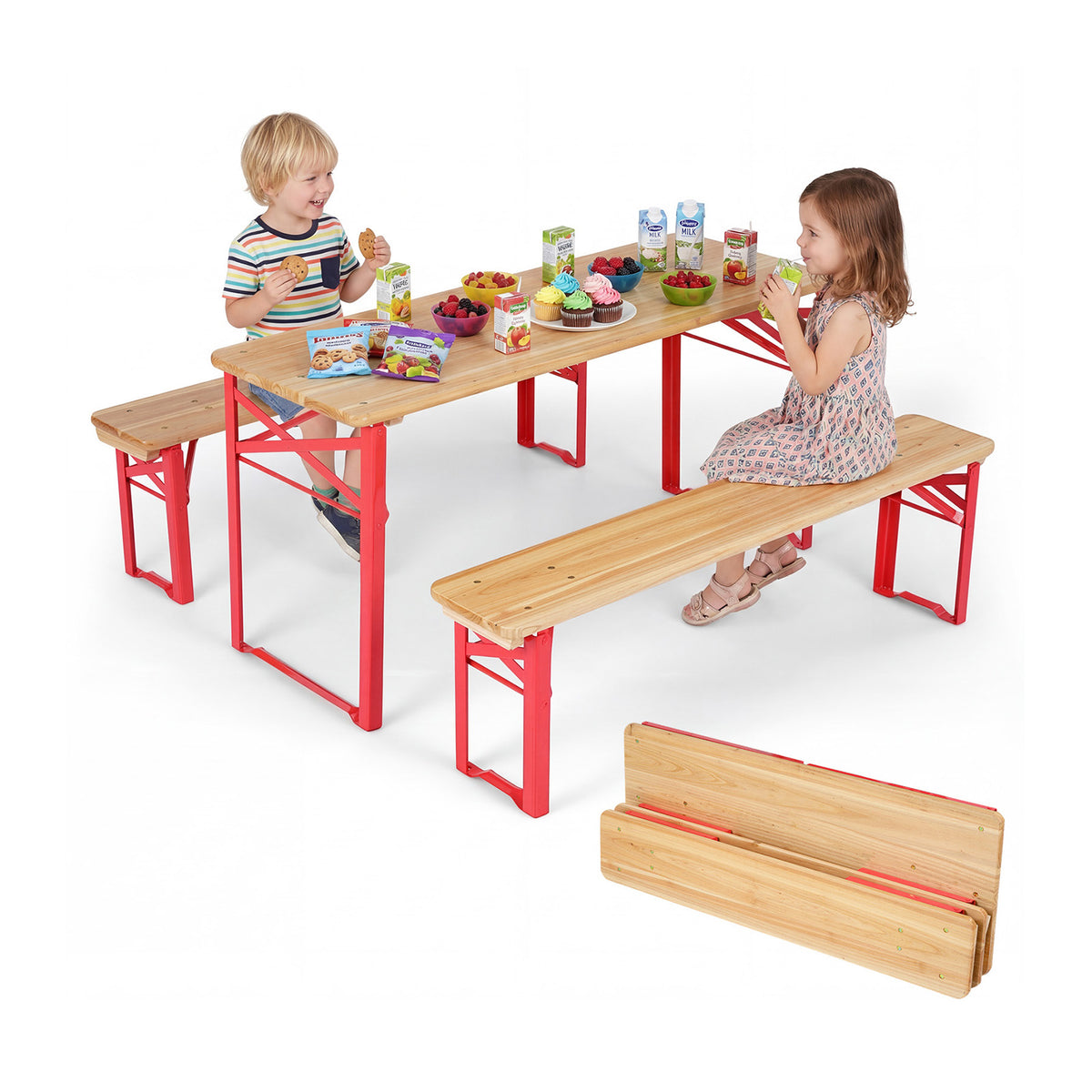 43.5 Inch Folding Kids Picnic Table & Bench Set No Assembly Wooden Toddler Table-Red view 4