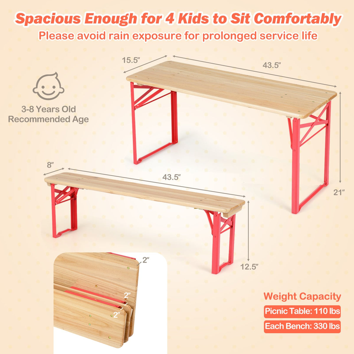 43.5 Inch Folding Kids Picnic Table & Bench Set No Assembly Wooden Toddler Table-Red view 5