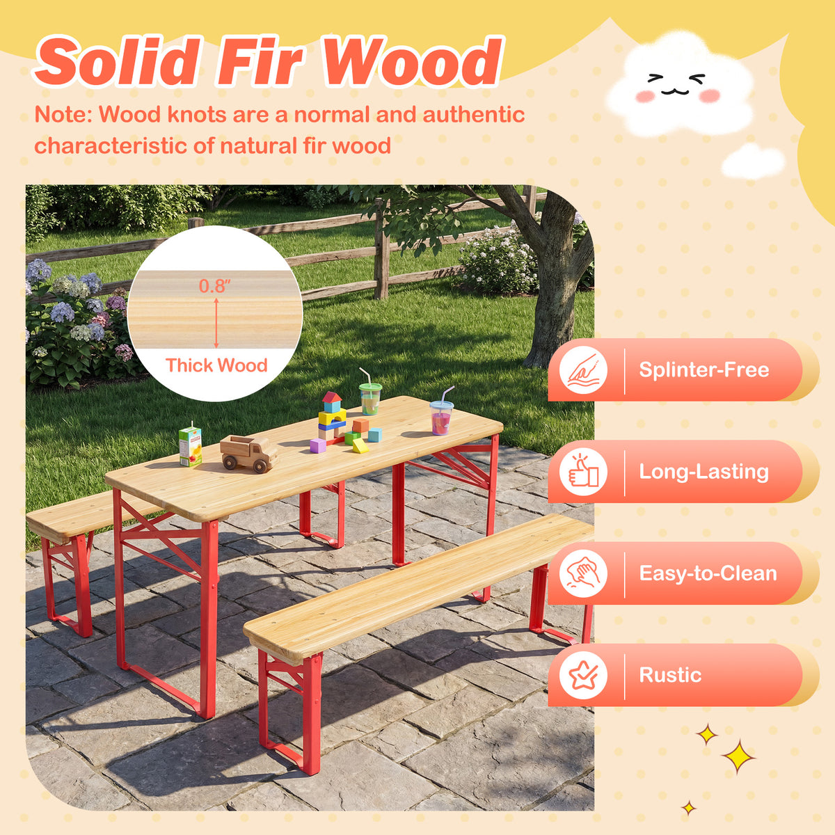43.5 Inch Folding Kids Picnic Table & Bench Set No Assembly Wooden Toddler Table-Red view 6