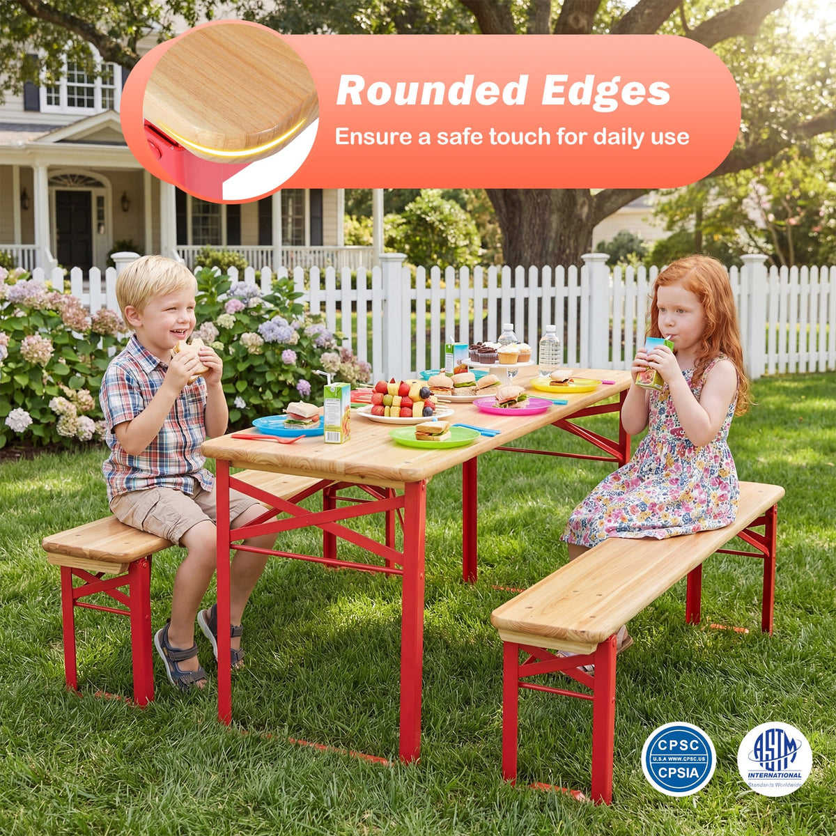 43.5 Inch Folding Kids Picnic Table & Bench Set No Assembly Wooden Toddler Table-Red view 9