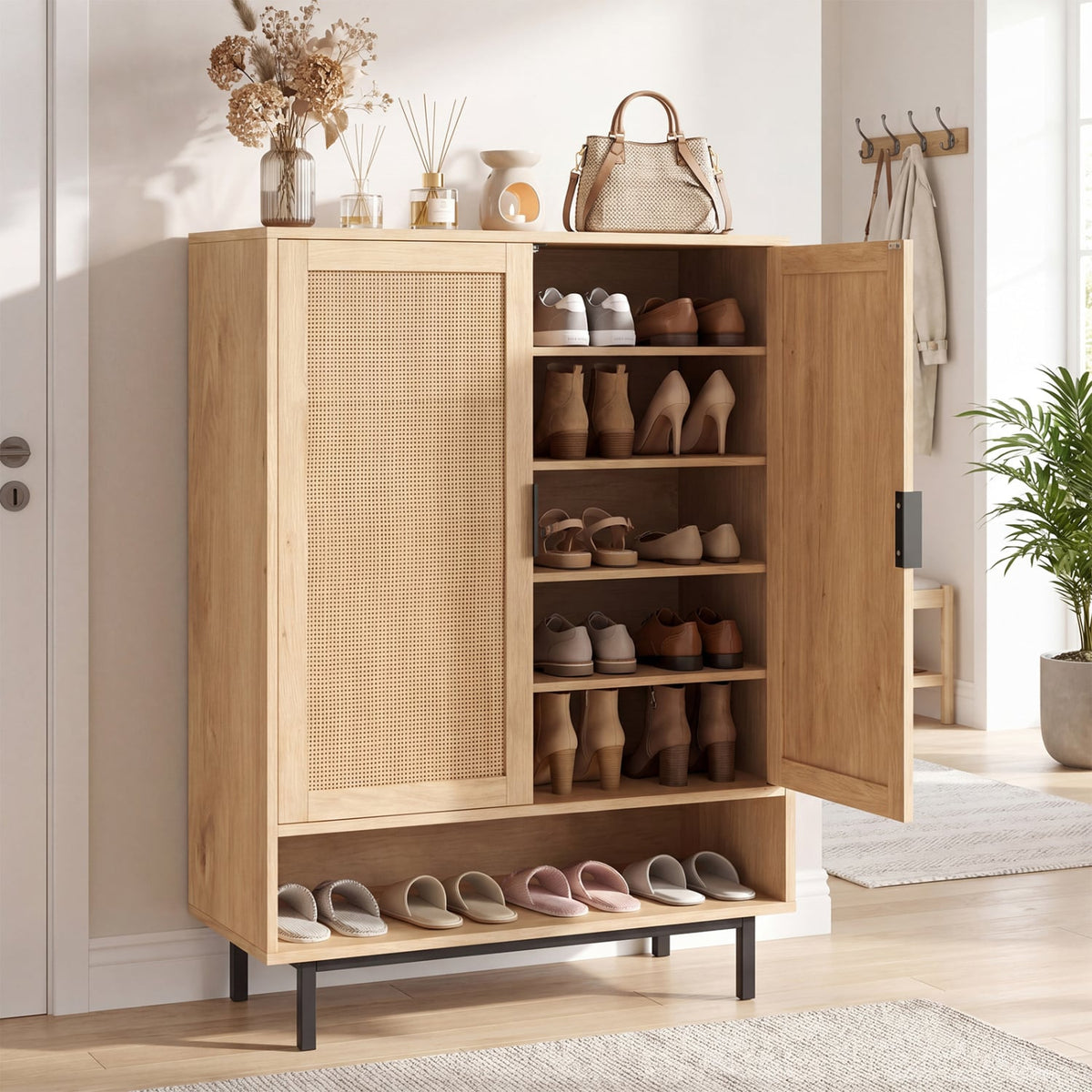 43 Inch 6-Tier Tall Shoe Cabinet with Double Doors-Natural view 2