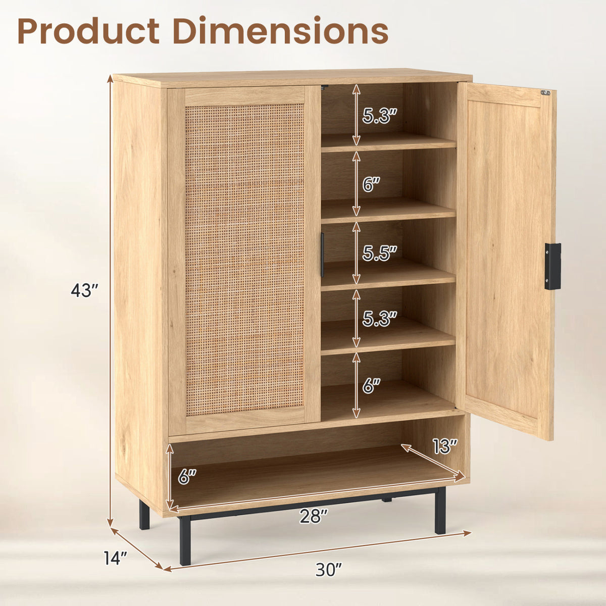 43 Inch 6-Tier Tall Shoe Cabinet with Double Doors-Natural view 5