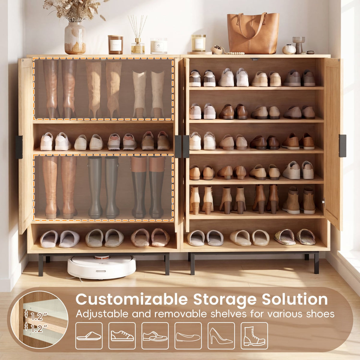 43 Inch 6-Tier Tall Shoe Cabinet with Double Doors-Natural view 7