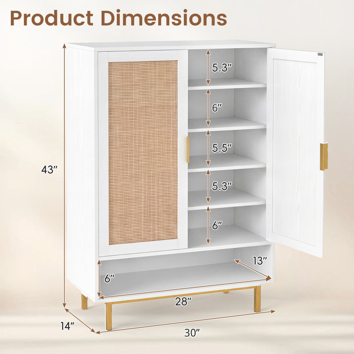 43 Inch 6-Tier Tall Shoe Cabinet with Double Doors-White view 5